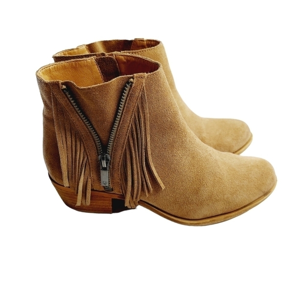 Lucky Brand Fringe Bootie Brown Tan Suede Beeliner Boot Double Zipper Boot Sz 7 - Picture 4 of 16